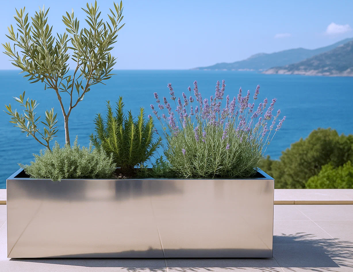 Jardinière en acier inox pour jardin méditerranéen, fabrication CAUME ATELIER
